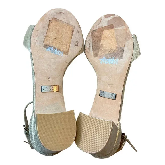 New Badgley Mischka Gold Leather Embellished Chunky Heels Ankle Strap Size 6 - Picture 9 of 10